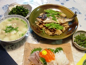 チヌご飯、鶏と小カブのスープ